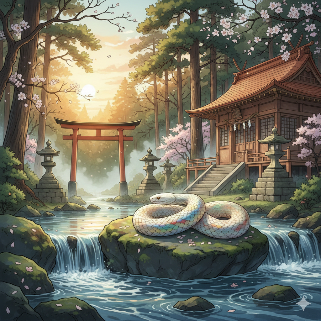 清流の岩の上で日光浴をする蛇